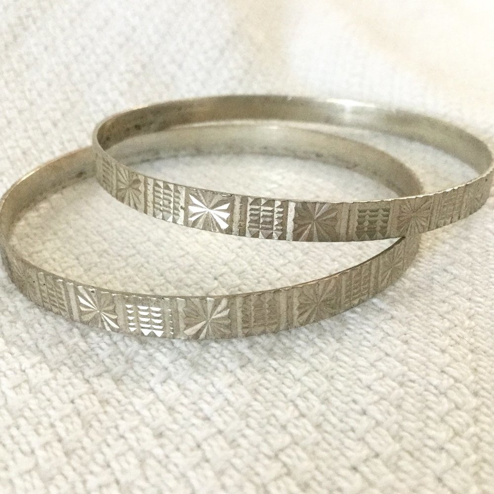 Vintage Silver Etched Bangle Bracelets
